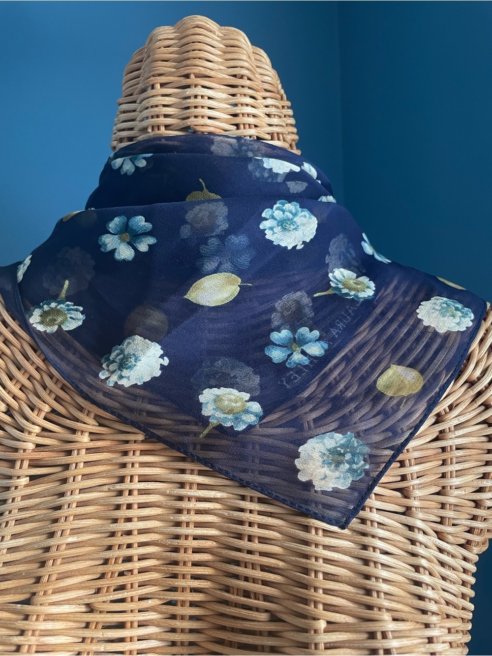 Vintage Laura Ashley Silk Chiffon Sheer Scarf Neckerchief Navy Floral
